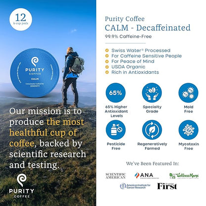 Purity Coffee CALM Decaf Medium Roast Organic Coffee - USDA Certified Organic Specialty Grade Arabica Single-Serve Coffee Pods - Third Party Tested for Mold, Mycotoxins & Pesticides - 12 ct Box