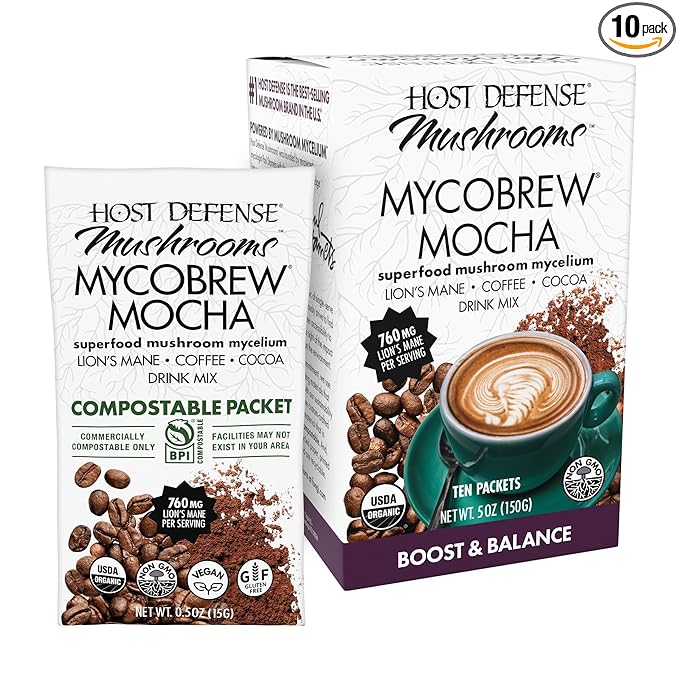 Host Defense MycoBrew Mocha - Mocha Drink Mix - Includes Lion's Mane Mushroom - Drink Mix with Fair Trade Certified Cocoa & 100% Arabica Instant Coffee - 10 Packets (10 Servings)