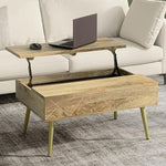 Load image into Gallery viewer, SIMPLIHOME Jager Lift Top Coffee Table - 36 inch Wide Solid Mango Wood Contemporary Modern Cocktail Table in Natural, Stylish Living Room Table with Hidden Storage, Brass Inlay, and Gold Metal Legs