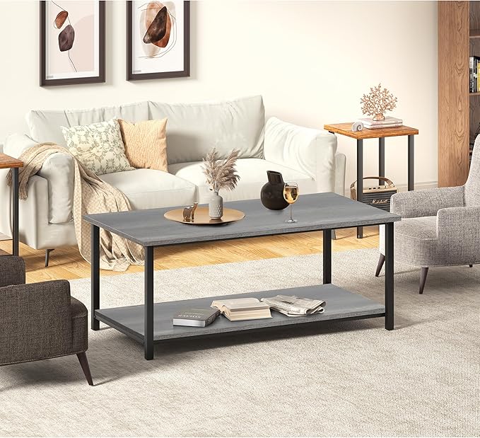 SENIG 2-Tier Coffee Table with Storage Shelf for Living Spaces, Grey Oak Rectangle Wood and Sturdy Metal Side End Table, Functional Center Table for Living Room, 39.3 x 20 x 16