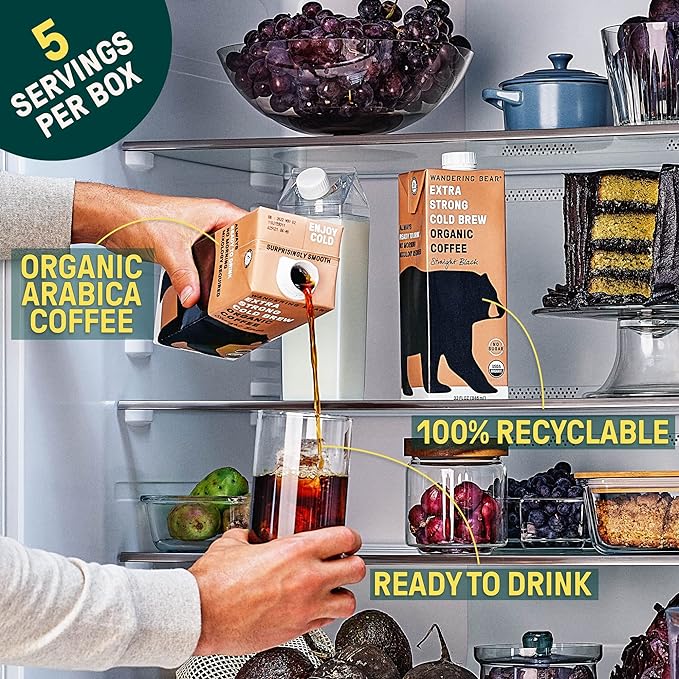 Wandering Bear Organic Cold Brew Coffee, Variety Pack, 32 fl oz (3pk - Vanilla, Caramel, Mocha) - Extra Strong, Bold, Smooth, Unsweetened, Shelf-Stable, Ready to Drink, Iced Cold Brewed Coffee Drinks