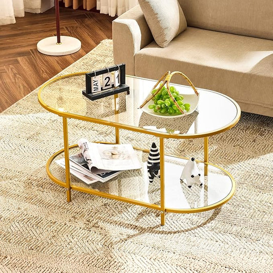 VINGLI 38" Oval Coffee Table, Transparent Glass Metal Coffe Table for Home Decor, Modern Center Table with 2-Tier Storage, Long Coffee Tables for Living Room, Office, Small Space, Champagne Gold