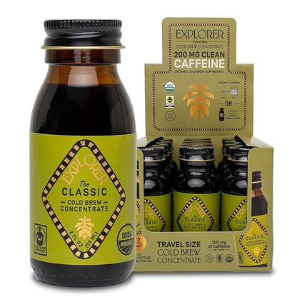 Explorer Cold Brew Organic Liquid Coffee Concentrate, Classic Regular Caffeine, Drink Iced or Hot While On the Go, Travel Size, 2 fl oz (Pack of 12)