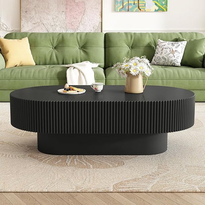43.3 Inch Oval Drum Coffee Table, Modern Handcraft Fluted Drum Coffee Table, Wooden Oval Center Table Cocktail Table with Stable Pedestal for Living Room Apartment (Black)