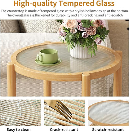 Rattan Round Side Table, 24" Boho Rustic Circle End Table Sofa Table with Storage and Solid Wood Farmhouse Frame for Living Room, Balcony, Bedroom (Natural, 23.6" D x 23.6" W x 19.7" H)