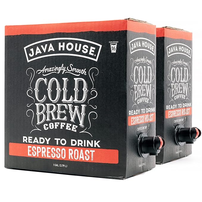 Java House Cold Brew Coffee on Tap (Pack of 2) – Premium 100% Arabica Dark Roast – Smooth Espresso Flavor with Dark Chocolate Notes – 1 Gallon Box (16 Servings) – Ready to Drink, No Brewing Required, Fridge-Friendly
