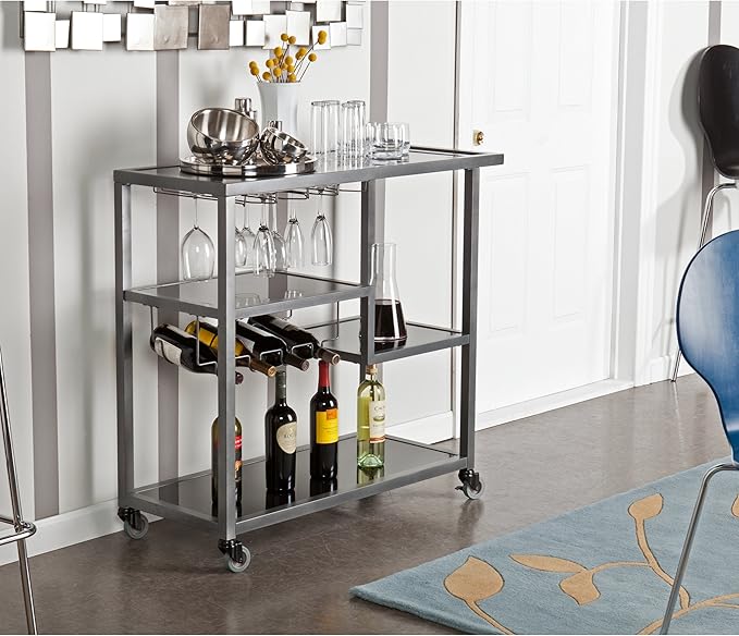 SEI Furniture Zephs Metal and Tempered Glass Locking Castor Wheels Bar Cart, 40 W x 16 D x 37.25 H, Gunmetal, Black