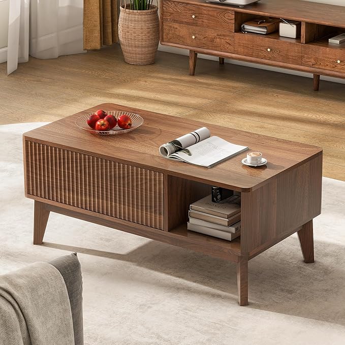 LYNCOHOME Fluted Lift Top Coffee Table with Hidden Compartment, Modern Center Table for Living Room, Home Office（Walnut）