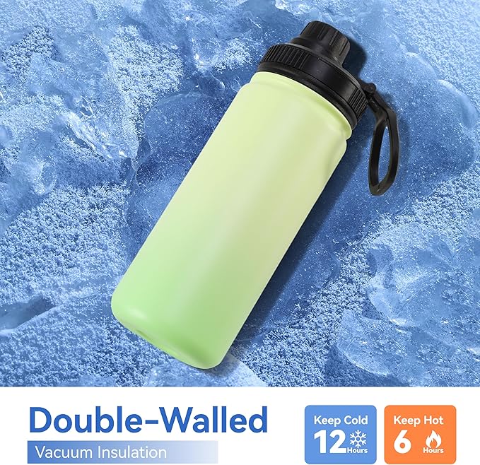 DOMICARE 16 oz Kids Water Bottle for School Stainless Steel Double Wall Vacuum Insulated Water Bottle with Straw lids & Spout Lid, Leakproof BPA Free (Green gradient,4)