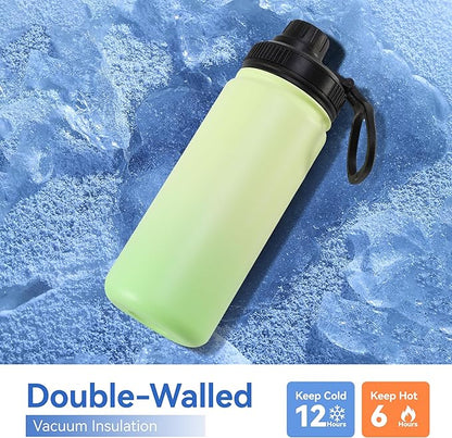 DOMICARE 16 oz Kids Water Bottle for School Stainless Steel Double Wall Vacuum Insulated Water Bottle with Straw lids & Spout Lid, Leakproof BPA Free (Green gradient,4)