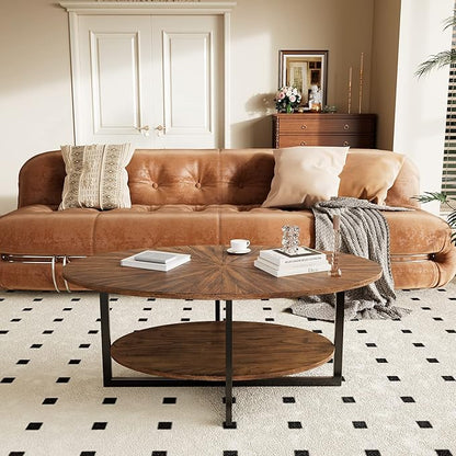 Solid Wood Oval Coffee Table with Cross Metal Legs, 43.3in Modern Industrail Center Table with Open Shelf Cocktail Tea Table for Living Room Bedroom, Rustic Brown 1811NC