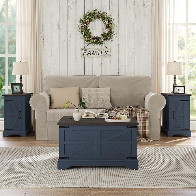 Furnideco Square Coffee Table with Storage Farmhouse Coffee Table with Lifting Top Modern Wood Center Table for Living Room Home Office, Blue