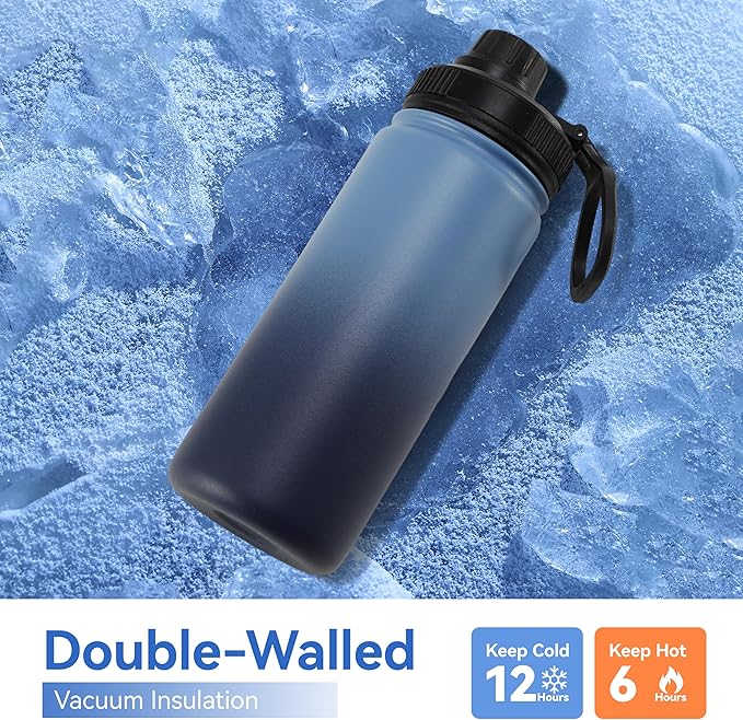 DOMICARE 16 oz Kids Water Bottle for School Stainless Steel Double Wall Vacuum Insulated Water Bottle with Straw lids & Spout Lid, Leakproof BPA Free (Blue/Navy,1)