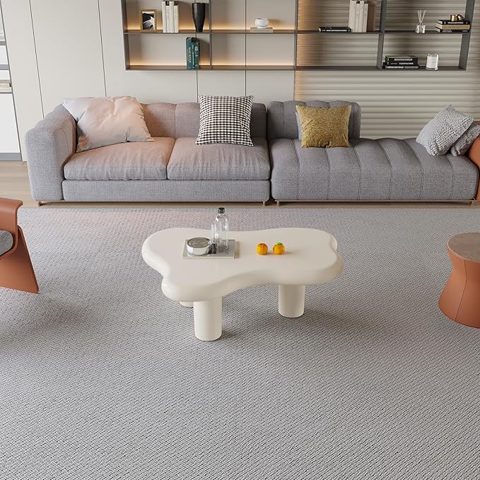 Irregular-Shaped Coffee Table, 39.37" Cream White Center Table with 3 Legs, Cartoon Indoor Tea Table for Living Room, Home Office, Easy to Assemble