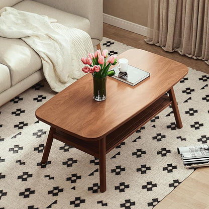 2-Tier Solid Oak Wood Coffee Table - Practical Center Table with Double Storage for Small Apartments, Living Rooms, Bedrooms, and Offices (Walnut, 31.49" D x 19.68" W x 17.32" H)