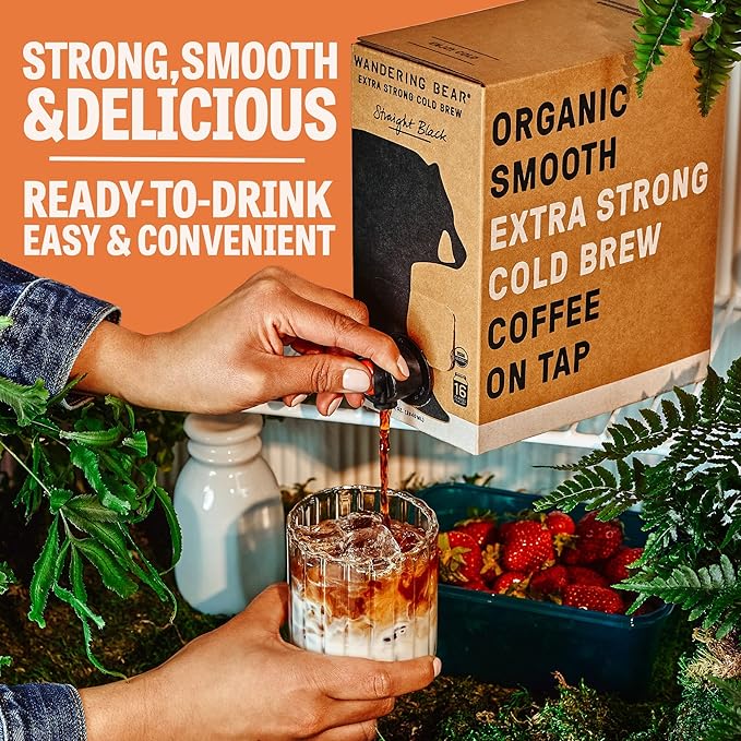 Wandering Bear Organic Hazelnut Cold Brew Coffee On Tap, Iced Coffee Drink -Extra Strong, Smooth, No Sugar Added, Shelf-Stable, Ready to Drink,Gluten Free & Vegan Decaf -16 Servings of 6fl.oz -96fl.oz