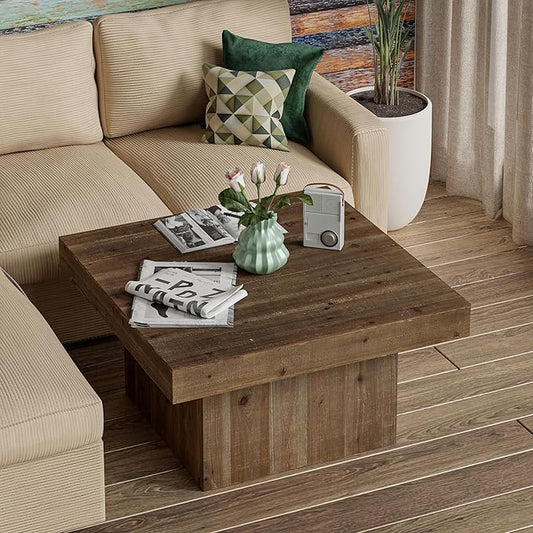 Modern Farmhouse Wood Block Coffee Table, Rustic Square Table Chunk Table with Cubic Base for Family, Living Room, Lounge, Nature Wood Finish, Sturdy, Distressed, Rectangle