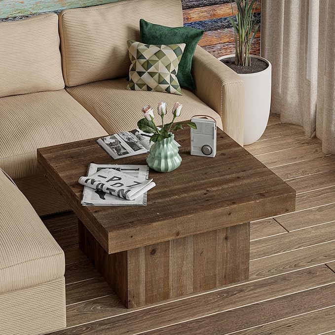 Modern Farmhouse Wood Block Coffee Table, Rustic Square Table Chunk Table with Cubic Base for Family, Living Room, Lounge, Nature Wood Finish, Sturdy, Distressed, Rectangle