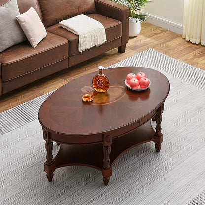 Solid Wood Oval Coffee Table with Drawer and Storage Shelf, Traditional Vintage Center Table Polished Edging Cocktail Tea Table for Living Room Bedroom Home, Cherry Walnut