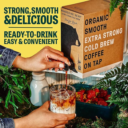 Wandering Bear Straight Black Organic Cold Brew Coffee On Tap, 96 fl oz - Extra Strong, Bold, Smooth, Unsweetened, Shelf-Stable, Ready to Drink, 100% Organic, Iced Cold Brewed Coffee Drinks