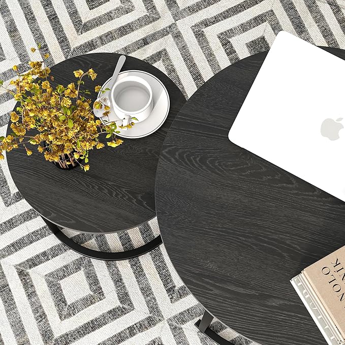 Small Coffee Table Set of 2, Round End Tables for Living Room, Modern Black Nesting Tables, Farmhouse Wood Side Table With Metal Frame, Easy Assembly, Stacking