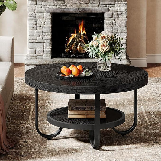 Tribesigns Round Coffee Table, 31.5" Modern Wood Circle Center Table with Storage Shelf and Metal Frame, 2-Tier Industrial Accent Cocktail Table for Living Room, Small Space, Apartment, Black