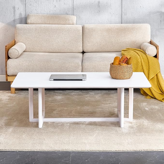 Mid Century Modern Wood Coffee Table with PE Rattan Stand, 47 Inch White Rectangular Solid Wood Boho Coffe Table, Unique Center Cocktail Table for Livinig Room Apartment Office