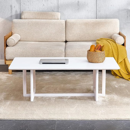 Mid Century Modern Wood Coffee Table with PE Rattan Stand, 47 Inch White Rectangular Solid Wood Boho Coffe Table, Unique Center Cocktail Table for Livinig Room Apartment Office
