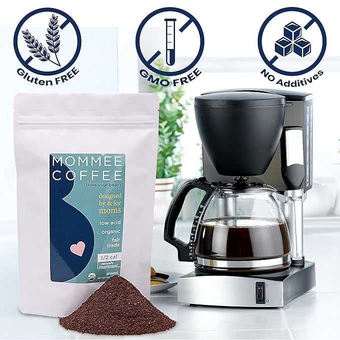 Mommee Coffee Half Caf Ground Low Acid Coffee - 100% Arabica Organic Coffee Beans with Smooth Caramel Flavor - Medium Grind for Drip, Reusable One Cup Filters - 11 oz