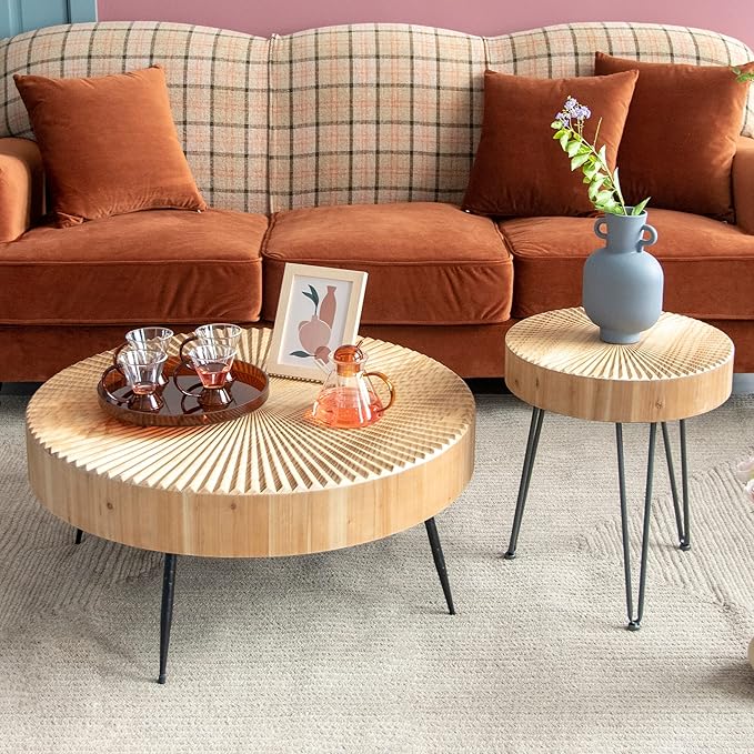 LONYKE 2-Piece Farmhouse Nesting Table Round with Handcrafted Wood Radial Pattern, Modern Coffee Table Set for Living Room