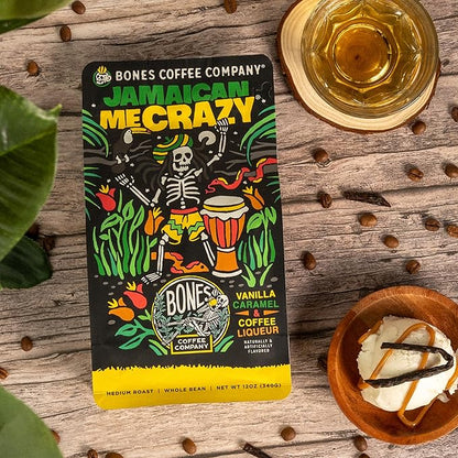 Bones Coffee Company Jamaican Me Crazy, Vanilla Caramel Flavored Coffee, Medium Roast Low Acid Arabica Beans Compatible with Auto drip and French Press Coffee Maker, 12 Oz Whole Bean