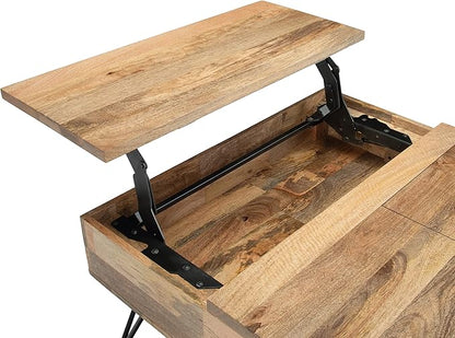 SIMPLIHOME Hunter Lift Top Coffee Table - 32 inch Wide Solid Mango Wood and Metal Industrial Square Cocktail Table in Natural, Living Room Table with Dual Lift Tops, Hidden Storage and Hairpin Legs
