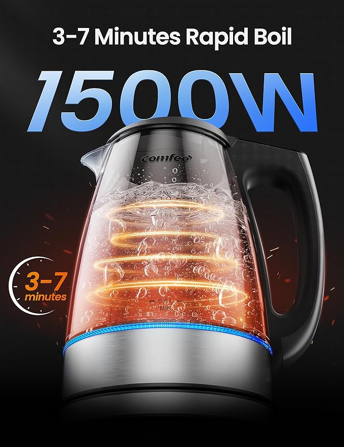 COMFEE' 1.7L Glass Tea Kettle and Kettle Water Boiler - Electric Kettle Temperature Control with 6 Presets, 2-Hr Keep Warm, Fast Heating, 304 Stainless Steel, Auto-Off and Boil-Dry Protection