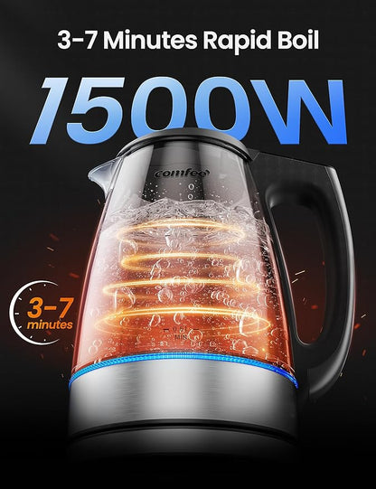 COMFEE' 1.7L Glass Tea Kettle and Kettle Water Boiler - Electric Kettle Temperature Control with 6 Presets, 2-Hr Keep Warm, Fast Heating, 304 Stainless Steel, Auto-Off and Boil-Dry Protection