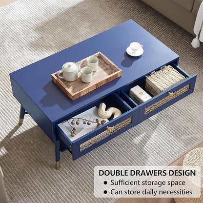JYED Mid Century Wood Modern Coffee Table with Metal Mesh Decorated Storage Drawers,Blue Accent Center Table with Open Shelf,Rectangular Table for Living Room