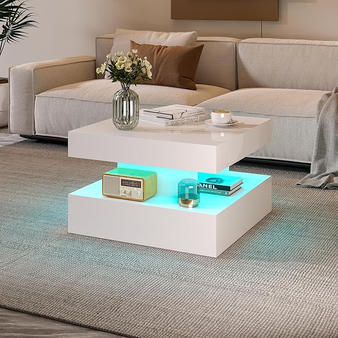 Small White Led Coffee Table for Living Room, 23.6" Wood Square 2-Tier Storage Modern Center Table, Modern High Glossy Wooden Coffee Tables for Small Space