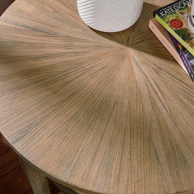 PADMA HOUSE 25" Round Wood End Table, 2-Tier Solid Wood Rounded Accent Side Table Circle Nightstand Table with Storage Shelf Vintage Furniture for Home Living Room Bedroom,Rustic Natural 3338