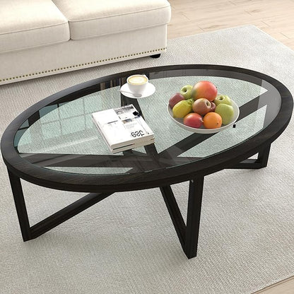 Glass Coffee Table Modern Simple Oval Transparent Tempered Glass Top and Wood Base, Office Terrace Study Accent Coffee Table Cocktail Table,Black Brown