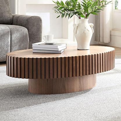 43.7 Inch Oval Drum Coffee Table, Modern Handcraft Fluted Drum Coffee Table, Wooden Round Coffee Table Center Table with Sturdy Pedestal for Living Room Apartment (Walnut)