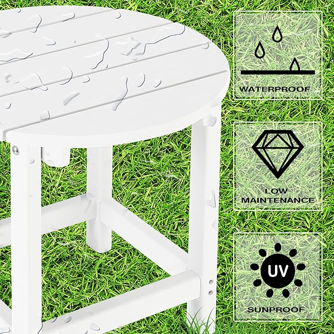 LZRS Round Adirondack Patio Side Table End Table, Outdoor Side Tables for Patio, Backyard,Pool, Indoor Companion, Easy Maintenance & Weather Resistant(White)