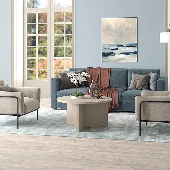 Henn&Hart 32" Round Wood Pedestal Coffee Table for Living Room, Family Room, Office, or Apartment, Alder White