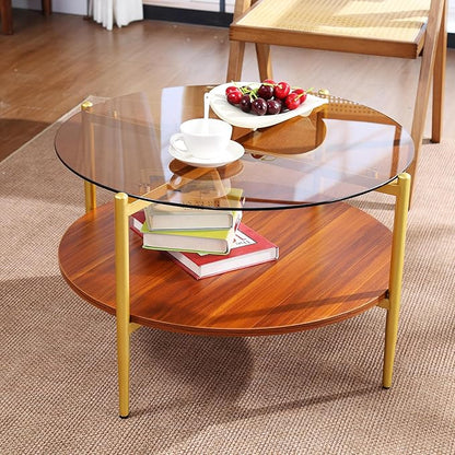 Round Glass Coffee Tables, Mid Century Center Table with Brown Glass Top, Solid Brown Storage Shelf and Sturable Gold Legs for Small Space, Office, Department, Living Room