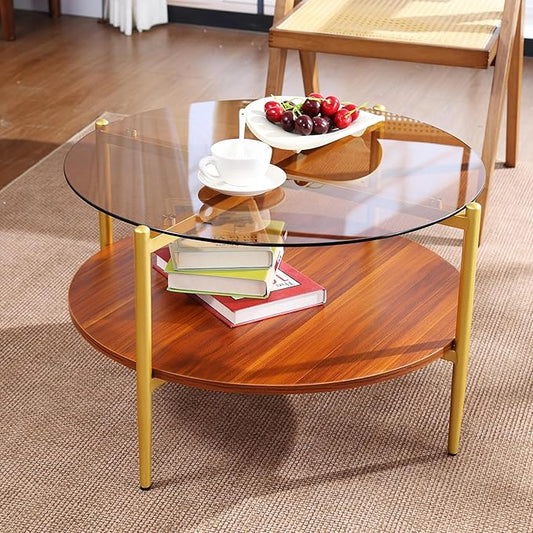 Round Glass Coffee Tables, Mid Century Center Table with Brown Glass Top, Solid Brown Storage Shelf and Sturable Gold Legs for Small Space, Office, Department, Living Room