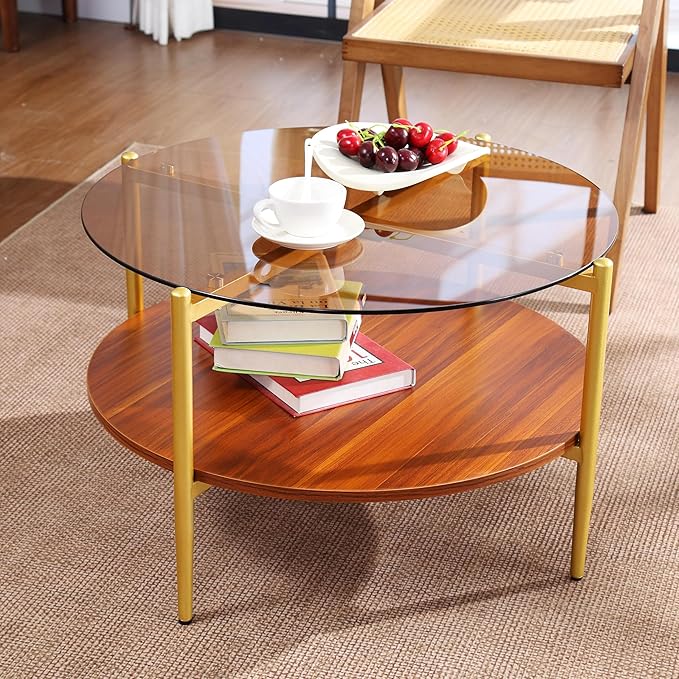 Round Glass Coffee Tables, Mid Century Center Table with Brown Glass Top, Solid Brown Storage Shelf and Sturable Gold Legs for Small Space, Office, Department, Living Room