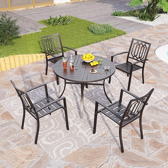 PHI VILLA Set of 4 Stackable Wrought Iron Patio Dining Chairs, Portable Black Outdoor Bistro Deck Metal Chairs, Support 300 lbs, Ideal for Garden, Backyard, Lawn