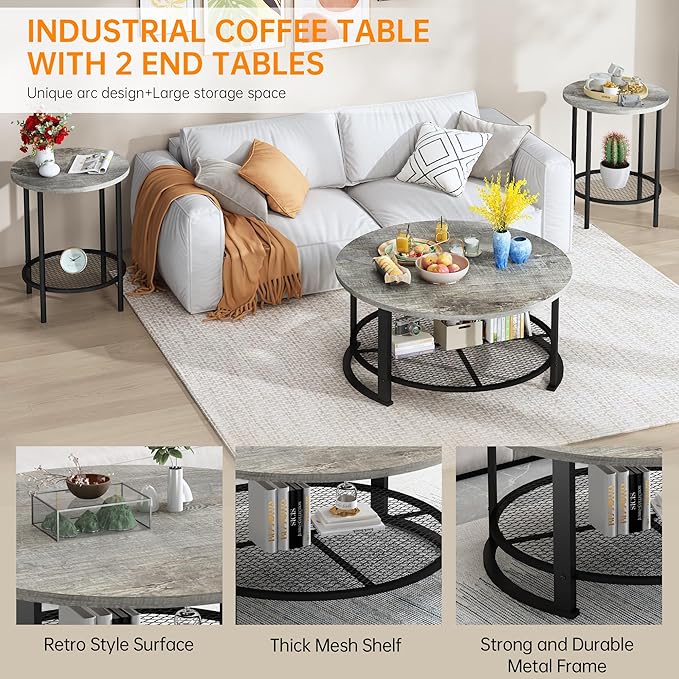 DKLGG Living Room Coffee and End Table Sets, Wooden Modern Rustic Center Table with Two Side Tables, 3 Piece Living Room Coffee Table Set with Storage for Living Room, Apartment (Grey)