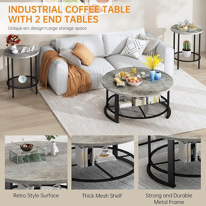 DKLGG Living Room Coffee and End Table Sets, Wooden Modern Rustic Center Table with Two Side Tables, 3 Piece Living Room Coffee Table Set with Storage for Living Room, Apartment (Grey)