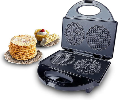 Pizzelle Maker with Non-Stick Coating, Electric Pizzelle Cookie Baker Press with Snowflake Pattern, Make Two 4 Inch Traditional Italian Waffle Cookies at Once, Recipe Included