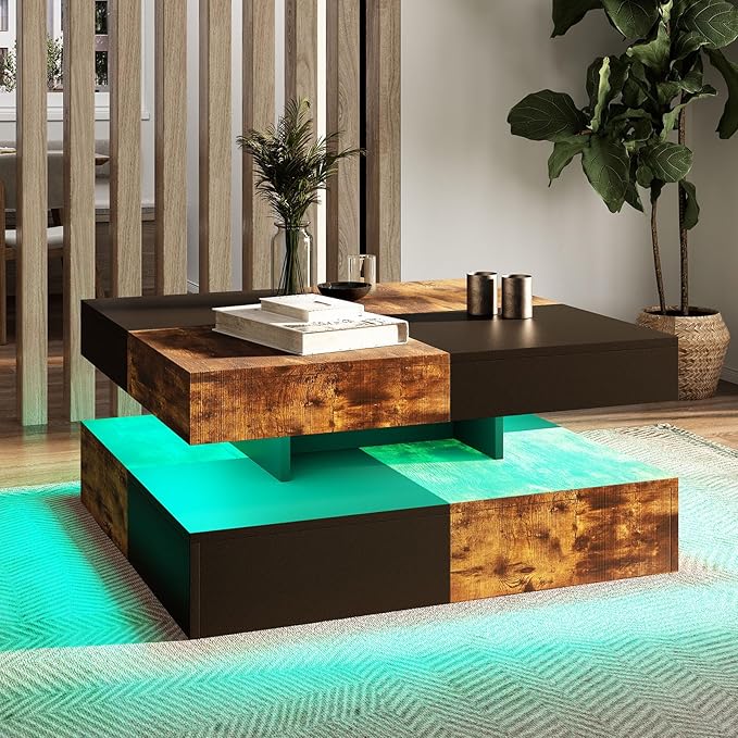 LED Coffee Table for Living Room, Living Room Table 2-Tier Square Middle Center, Modern Coffee Tables with Storage, Contemporary Wood Tea Table for Dining Reception, Rustic Brown