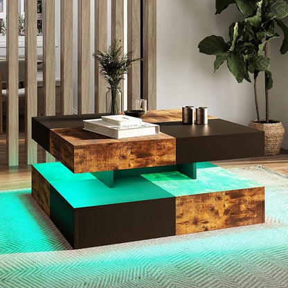 LED Coffee Table for Living Room, Living Room Table 2-Tier Square Middle Center, Modern Coffee Tables with Storage, Contemporary Wood Tea Table for Dining Reception, Rustic Brown